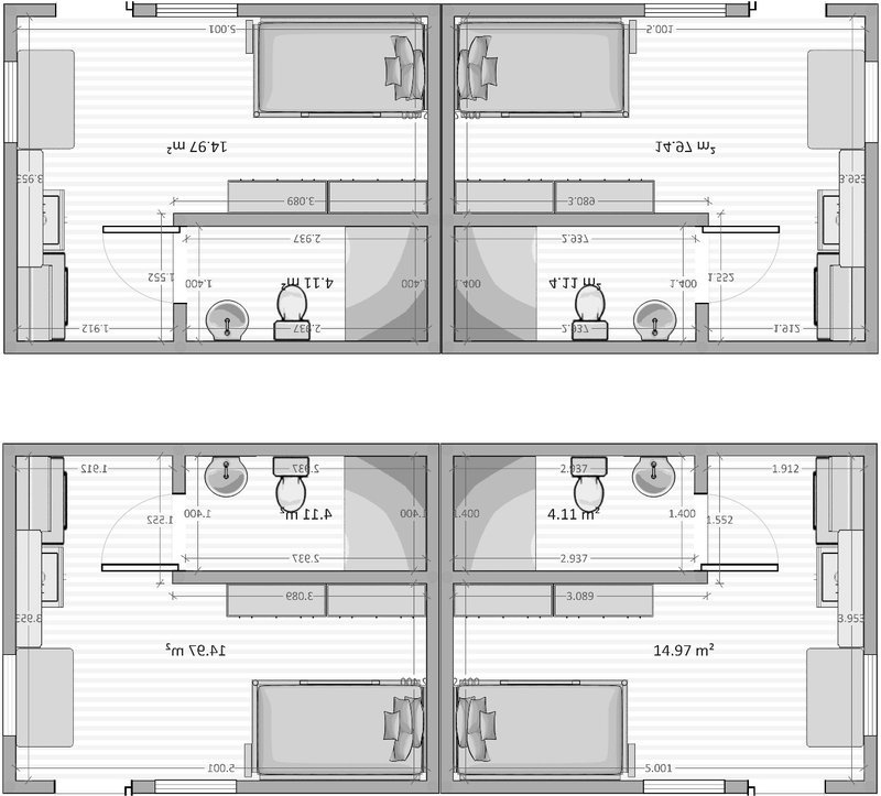 The idea is to build the houses as a mirror image so that the main water system of the two houses split from the outside. The foundations are built on a concrete post-tensioning process and the walls are built on cellular concrete to make the four houses can stand climatic-related extreme events at low cost.