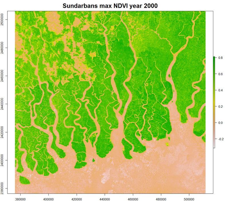Landsat 7 data, Value range [-0.34 to 0.83] , Minor ocean patterns noticeable