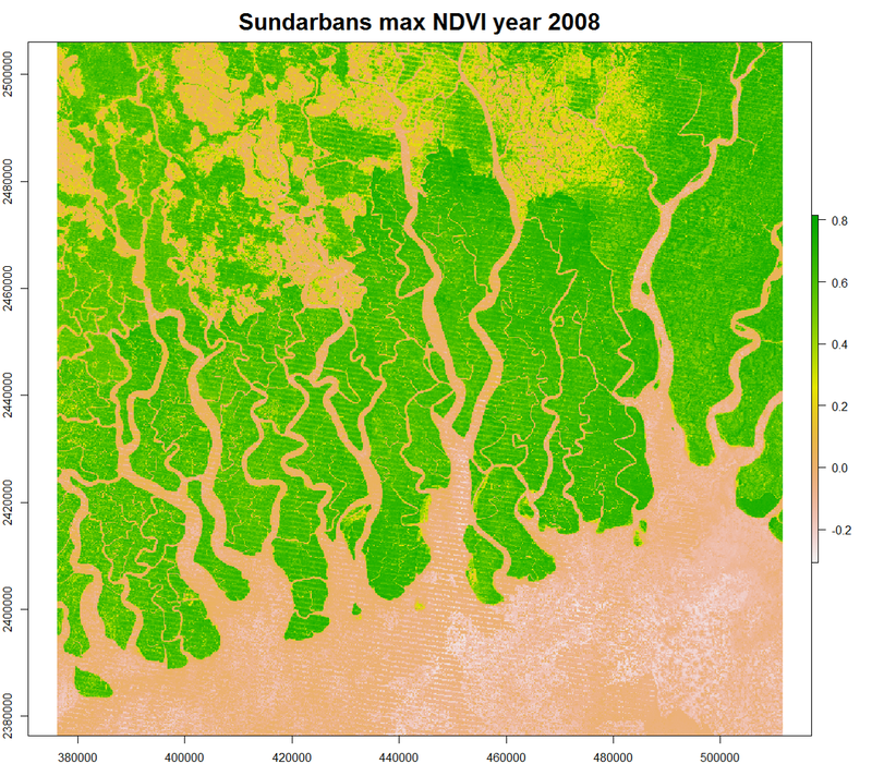 Landsat 7, data Stripping issue from sensor degradation evident Value range [-0.31 to 0.82]