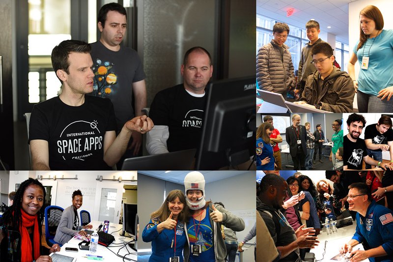 Collage of photographs from Past Space Apps Challenge Events featuring participants, hosts and astronauts.